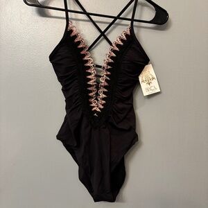 BECCA Delilah - Women's Crochet Trim One Piece Swimsuit, Plunge Neck, Black S
